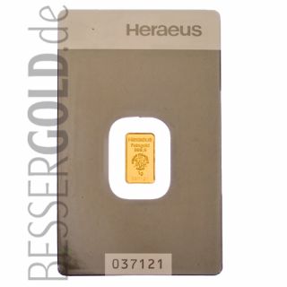 Goldbarren 1 Gramm • 999,9/1000 • Heraeus (Deutschland) • Vorderseite im Blister - 500px