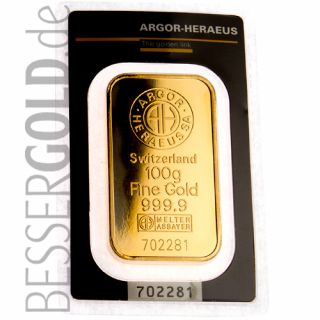 Goldbarren 100 Gramm Argor-Heraeus (geprägt) • Feinheit 999,9/1000 • Vorderseite im Blister - 500px