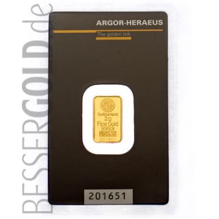 Goldbarren 2 Gramm • Argor-Heraeus • 999,9/1000 • (Schweiz) • Vorderseite im Blister - 500px