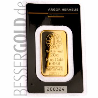 Goldbarren 20 Gramm • 999,9/1000 • Argor-Heraeus (Schweiz) • Vorderseite im Blister - 500px