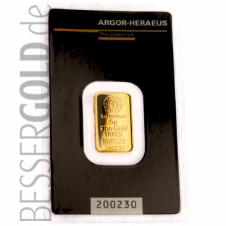 Goldbarren 5 Gramm Argor-Heraeus • 999,9/1000 • Vorderseite im Blister • 500px