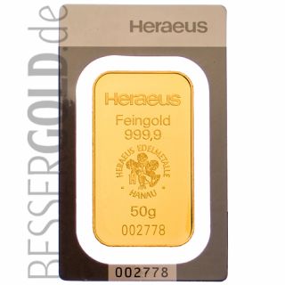 Goldbarren 50 Gramm Heraeus (Deutschland) • Feinheit 999,9/1000 • Vorderseite im Blister • 265x