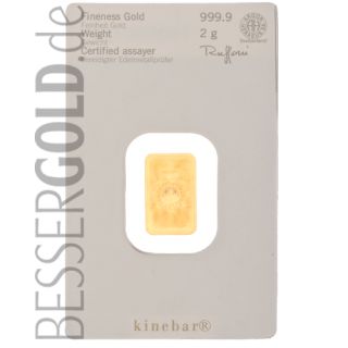 Kinebarren • 2 Gramm Feingold • 999,9/1000 • Heraeus (Deutschland) • Rückseite im Blister • 500px