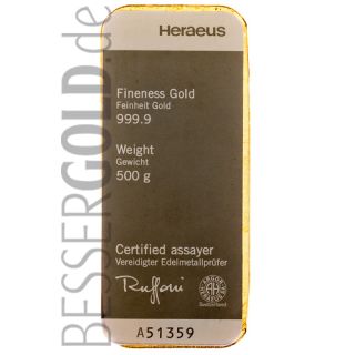 Goldbarren 500 Gramm • 999,9/1000 • Heraeus (Deutschland) • Vorderseite 