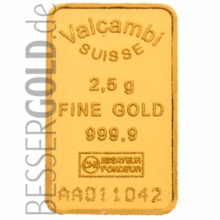 Goldbarren 2,5 Gramm Valcambi • Feinheit 999,9/1000 • Vorderseite im Blister • 500px