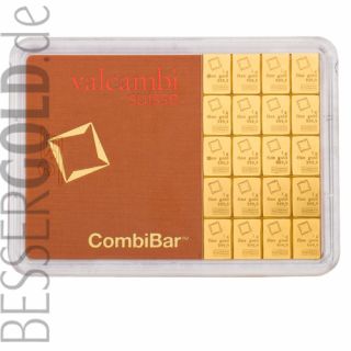 Goldbarren CombiBar 20x 1 Gramm • 999,9/1000 • Valcambi (Schweiz) • Blister Vorderansicht • 265px