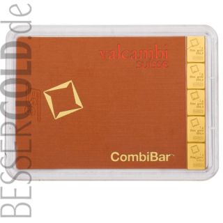 Goldbarren CombiBar 5x 1 Gramm • 999,9/1000 • Valcambi (Schweiz) • Blister Vorderansicht • 500px