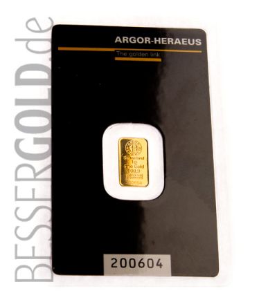 Goldbarren 1 Gramm • 999,9/1000 • Heraeus (Deutschland) • Vorderseite im Blister - 500px