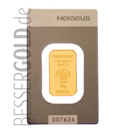 Goldbarren 10 Gramm Argor-Heraeus - Vorderseite im Blisterseite