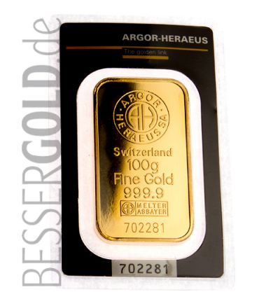Goldbarren 100 Gramm Heraeus (gegossen) • Feinheit 999,9/1000 • Vorderseite - 265px