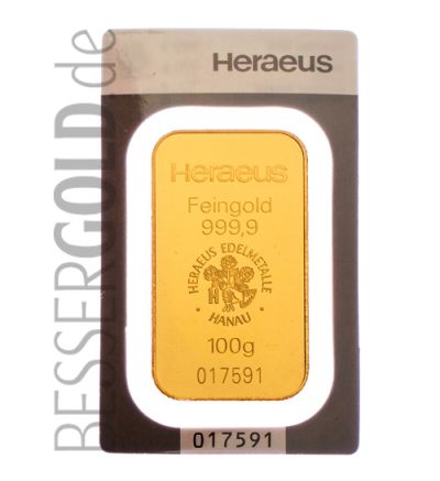Goldbarren 100 Gramm Argor-Heraeus (geprägt) • Feinheit 999,9/1000 • Vorderseite im Blister - 500px