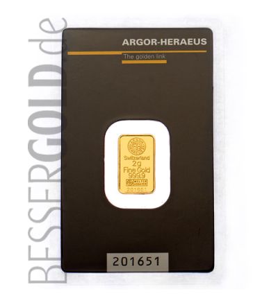 Goldbarren 2 Gramm • Argor-Heraeus • 999,9/1000 • (Schweiz) • Vorderseite im Blister - 500px