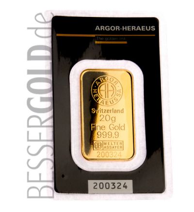 Goldbarren 20 Gramm • 999,9/1000 • Argor-Heraeus (Schweiz) • Vorderseite im Blister - 500px