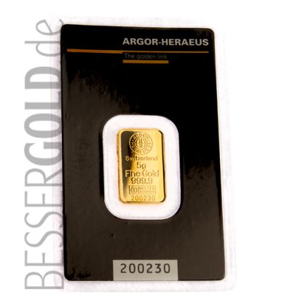 Goldbarren 5 Gramm Argor-Heraeus • 999,9/1000 • Vorderseite im Blister • 500px