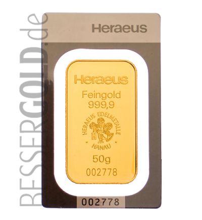 Goldbarren 50 Gramm Argor-Heraeus (Schweiz) • Feinheit 999,9/1000 • Vorderseite im Blister • 500px