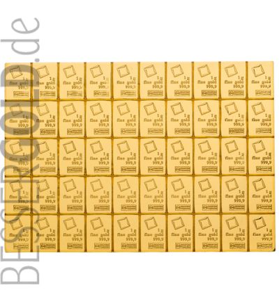 Goldbarren CombiBar 50x 1 Gramm • 999,9/1000 • Valcambi (Schweiz) • Vorderseite • 265px