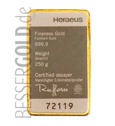 Goldbarren 250 Gramm Heraeus - Vorderseite - 500px