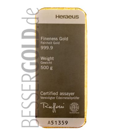 Goldbarren 500 Gramm • 999,9/1000 • Heraeus (Deutschland) • Vorderseite 