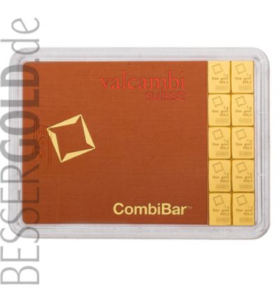 Goldbarren CombiBar 10x 1 Gramm • 999,9/1000 • Valcambi (Schweiz) • Blister Vorderansicht • 265px