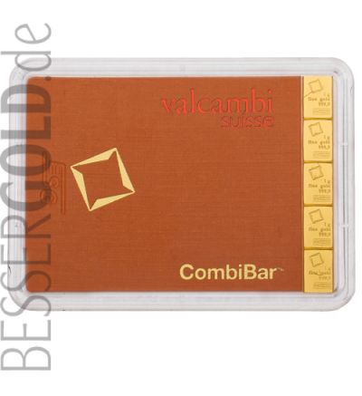 Goldbarren CombiBar 5x 1 Gramm • 999,9/1000 • Valcambi (Schweiz) • Blister Vorderansicht • 500px