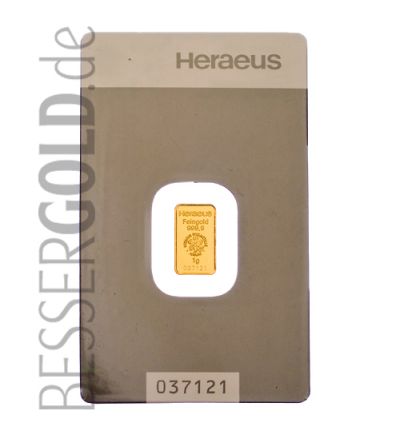 Goldbarren 1 Gramm • 999,9/1000 • Heraeus (Deutschland) • Vorderseite im Blister - 265px